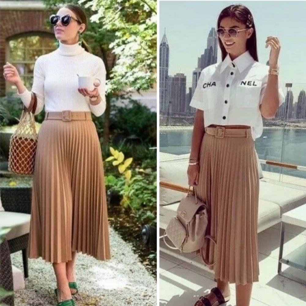 Zara pleated camel midi skirt
